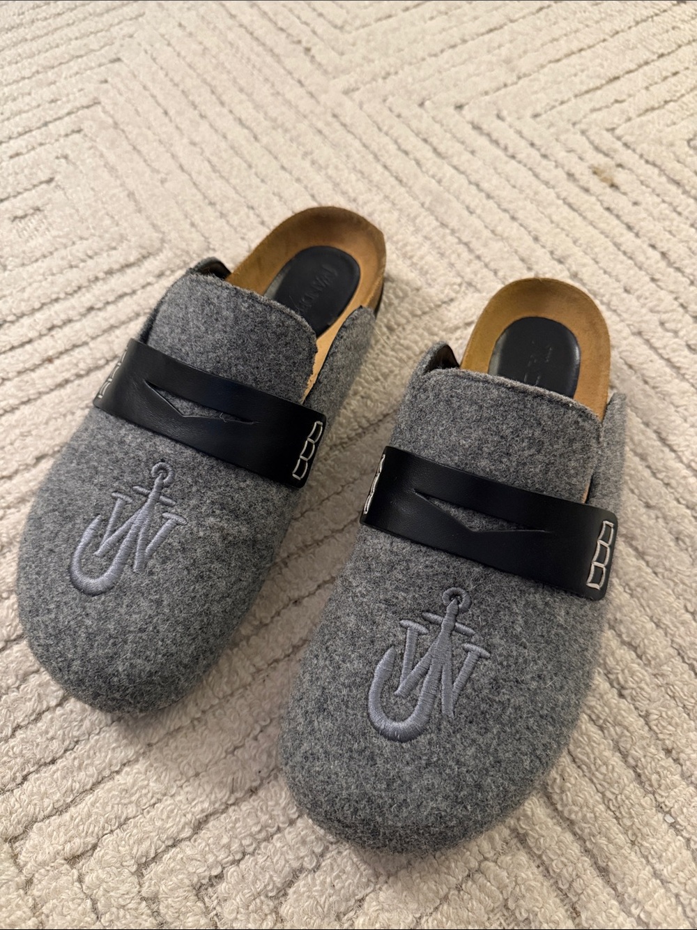 JW ANDERSON Grey Felt Slip-On Clogs with Black Leather Strap